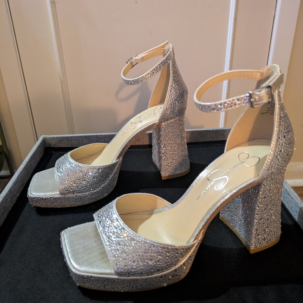 Jessica Simpson Silver Sparkle Platform Block Heel Sandals